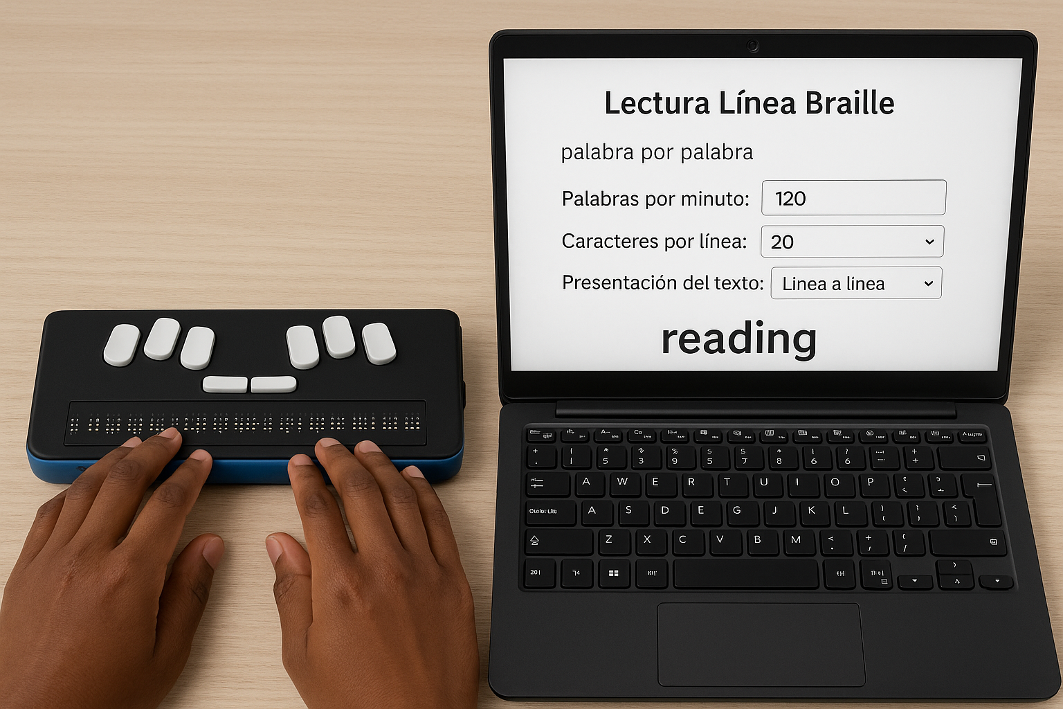 Una persona lee con sus dedos sobre una línea Braille Chameleon 20 ubicada sobre un escritorio claro. A la derecha, una computadora portátil muestra la herramienta 
